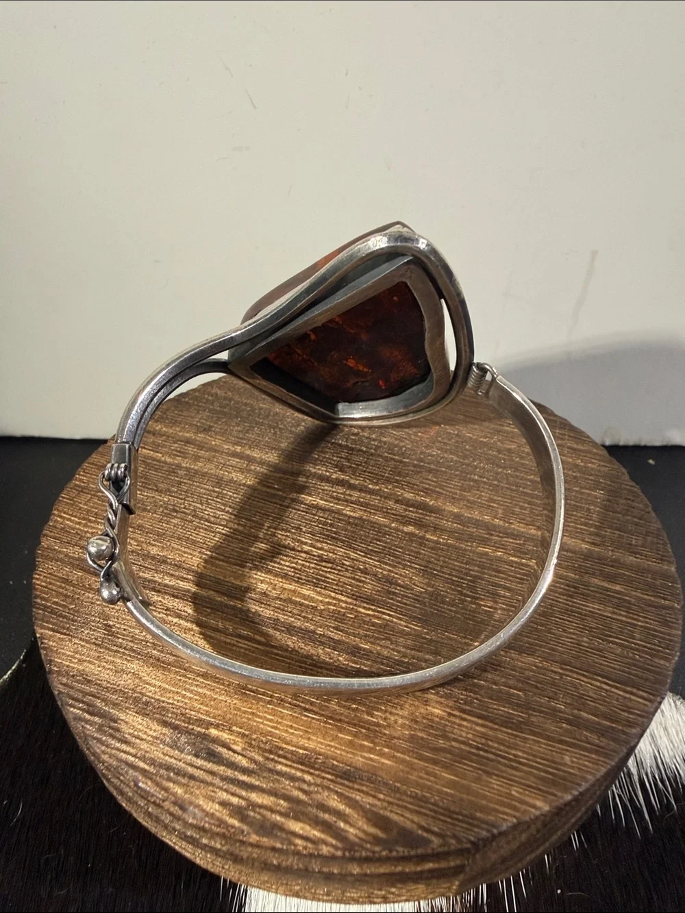 925, Vintage Sterling Silver Amber Statement Hinged Bangle Bracelet